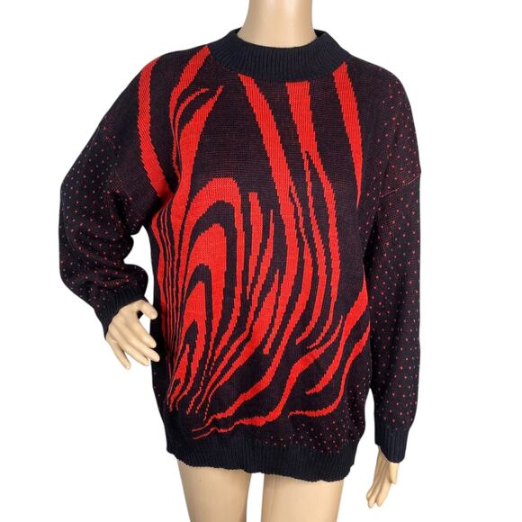 NWT Vtg 80s Custom Design Black Red Abstract Mock Neck Pullover Sweater L - Picture 1 of 7